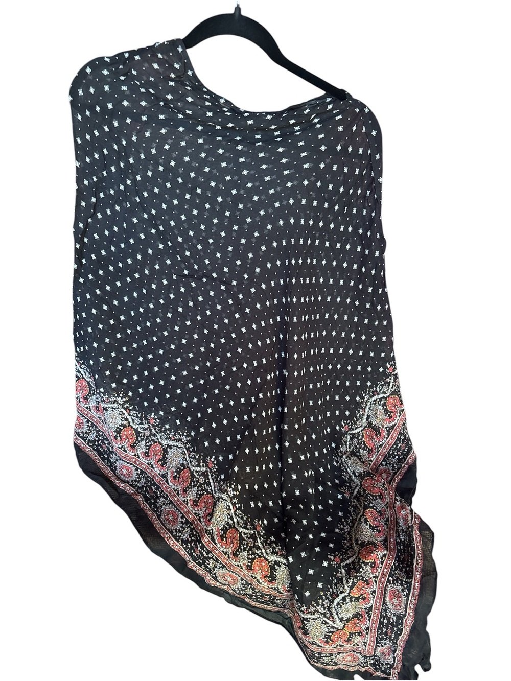 J. Jill Black Ruana with Pink Paisley Border and White Dot Pattern